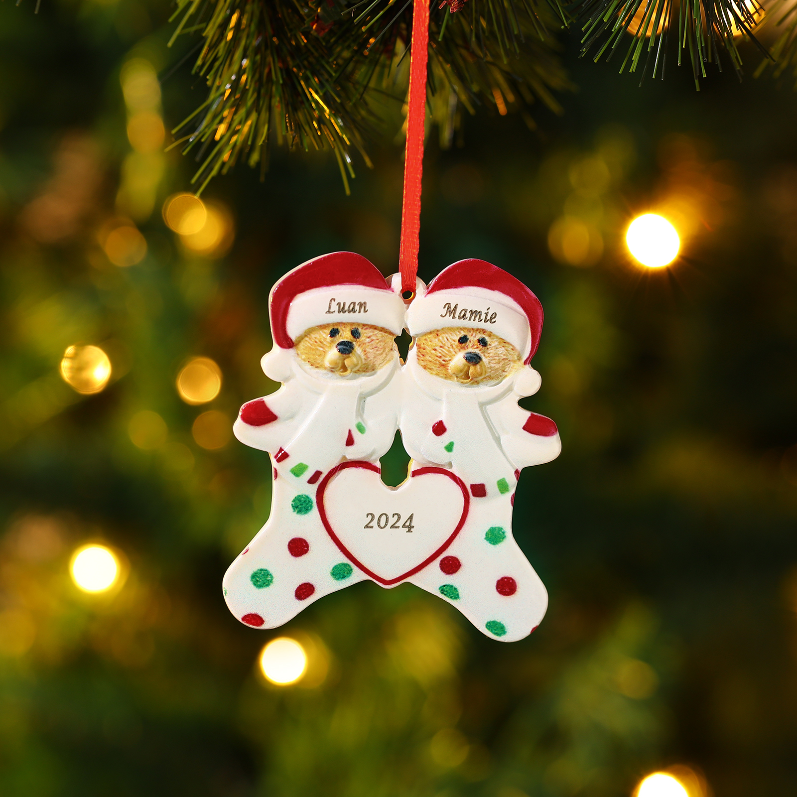 Décoration Sapin Noël en Résine 2 Prénoms Personnalisé avec Texte Ornement Ours pour Famille | Jessemade