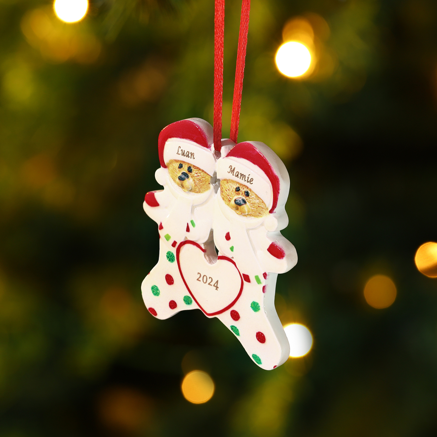 Décoration Sapin Noël en Résine 2 Prénoms Personnalisé avec Texte Ornement Ours pour Famille | Jessemade