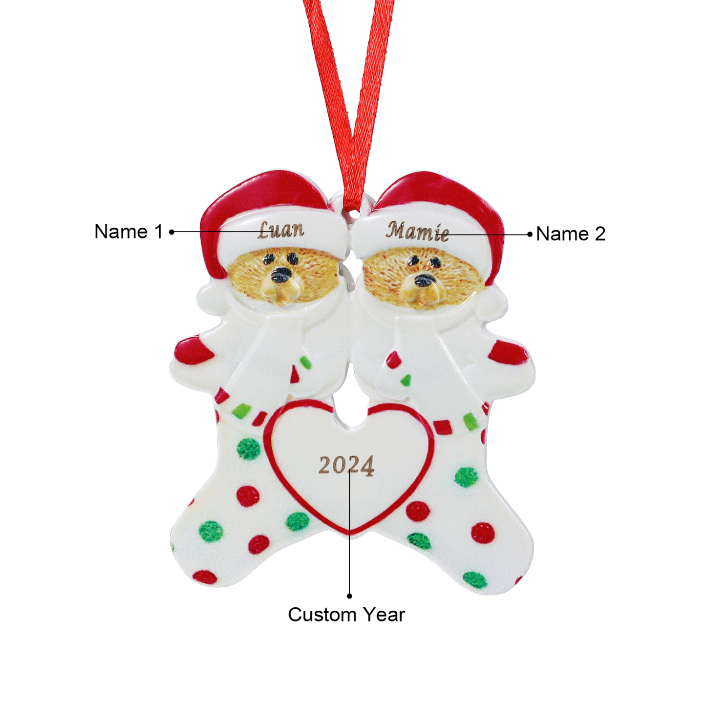 Décoration Sapin Noël en Résine 2 Prénoms Personnalisé avec Texte Ornement Ours pour Famille | Jessemade