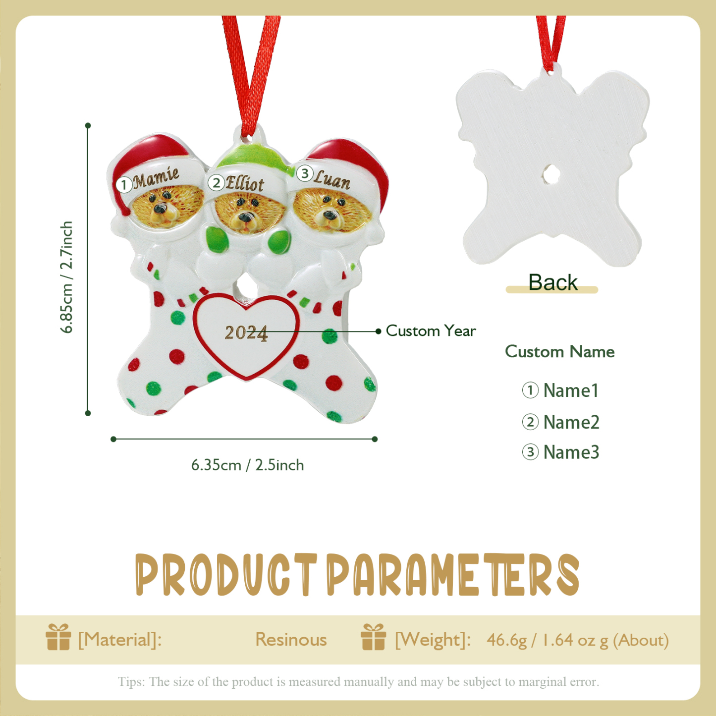 Décoration Sapin Noël en Résine 3 Prénoms Personnalisé avec Années Ornement Ours pour Famille | Jessemade