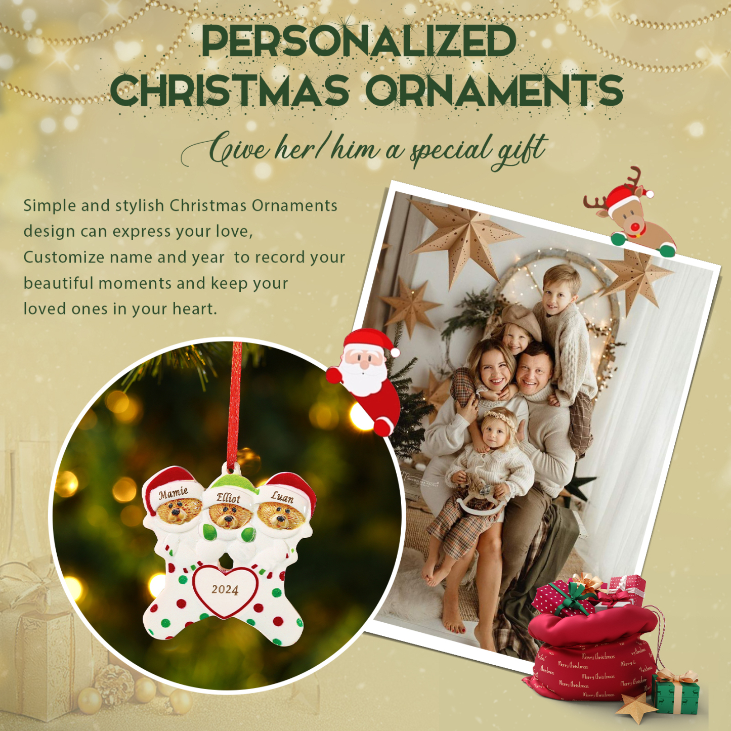 Décoration Sapin Noël en Résine 3 Prénoms Personnalisé avec Années Ornement Ours pour Famille | Jessemade
