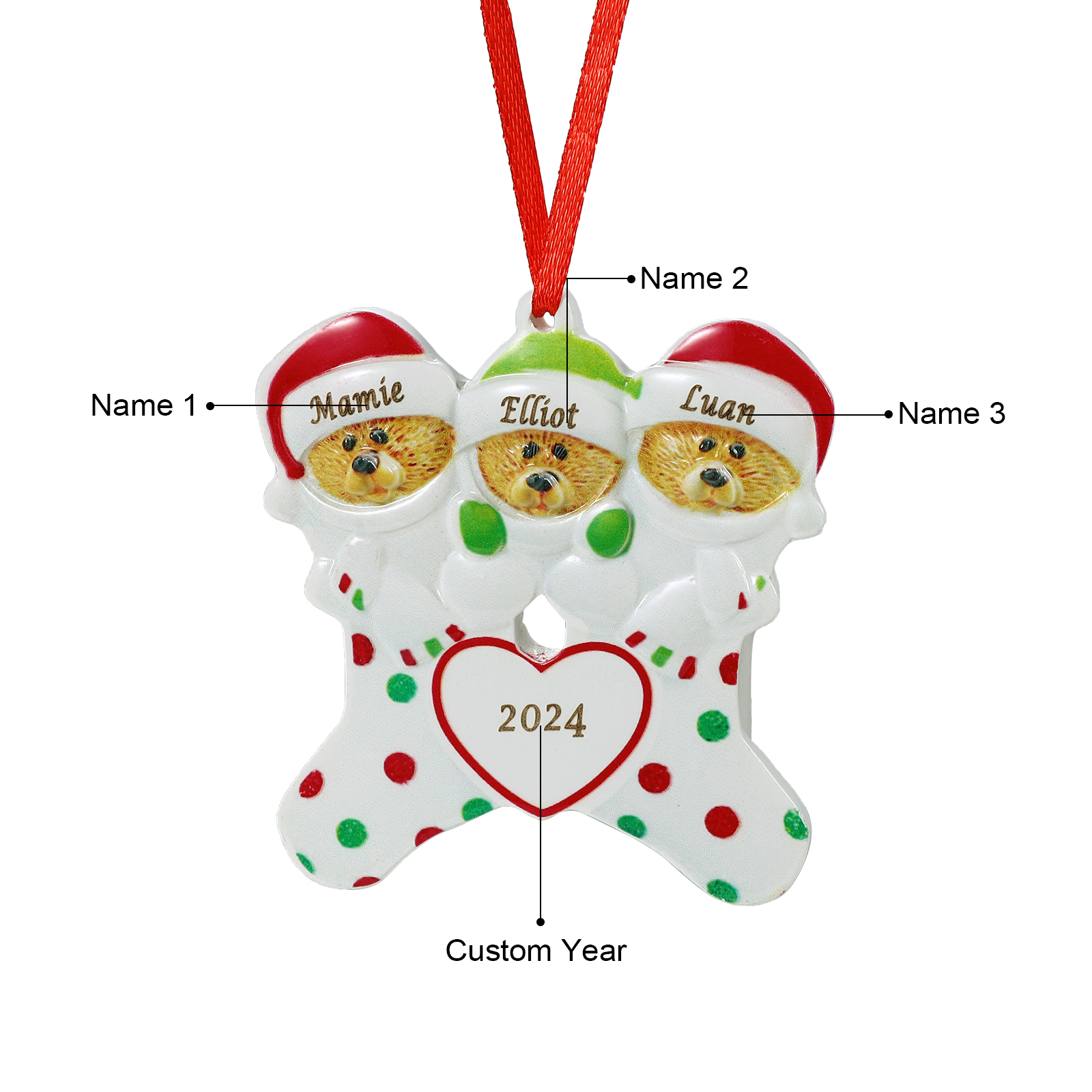 Décoration Sapin Noël en Résine 3 Prénoms Personnalisé avec Années Orn