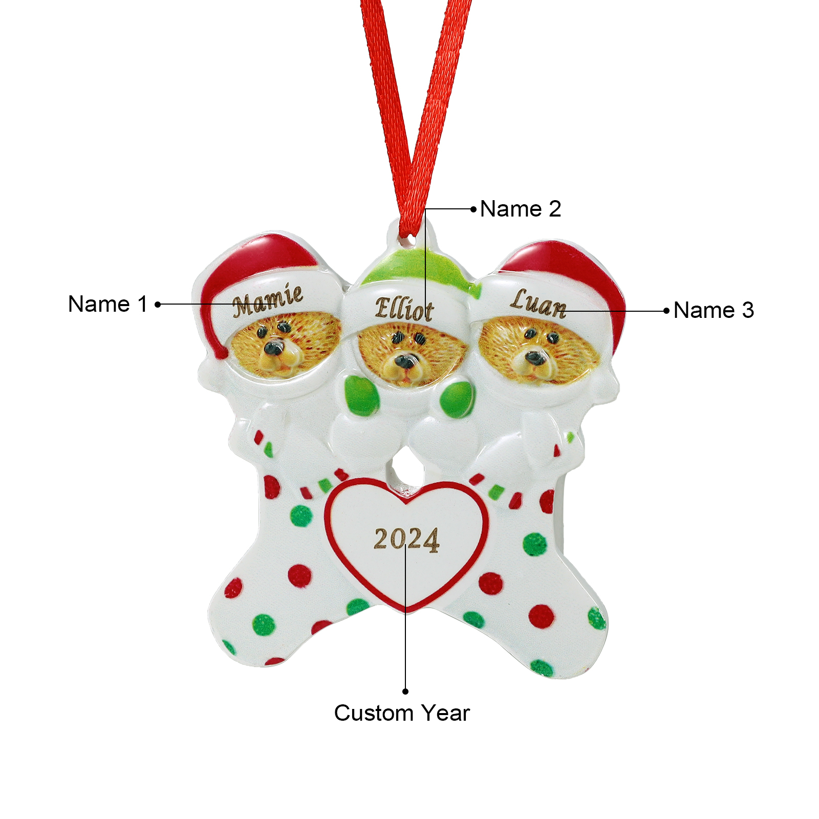 Décoration Sapin Noël en Résine 3 Prénoms Personnalisé avec Années Orn