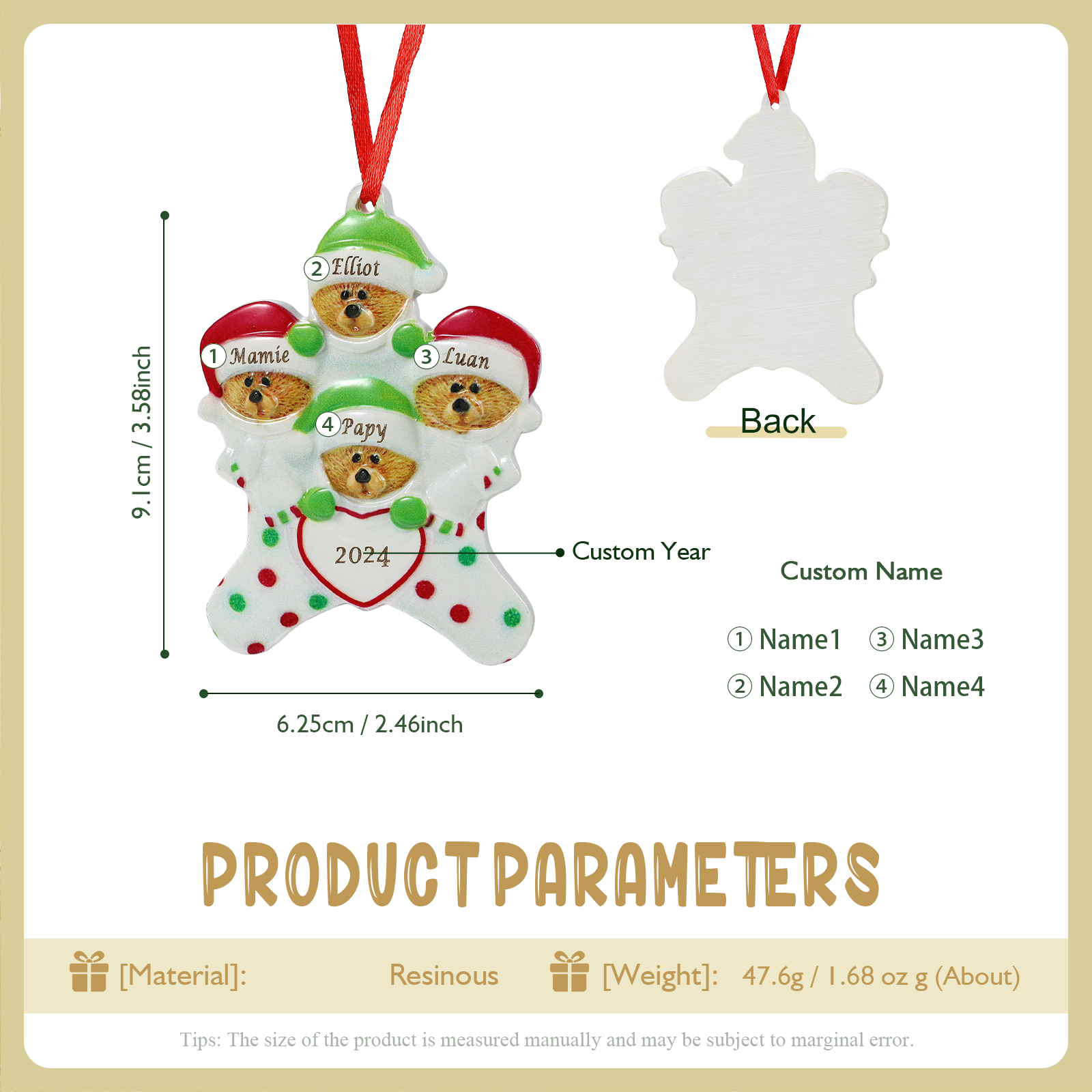 Décoration Sapin Noël en Résine 4 Prénoms Personnalisé avec Années Ornement Ours pour Famille | Jessemade