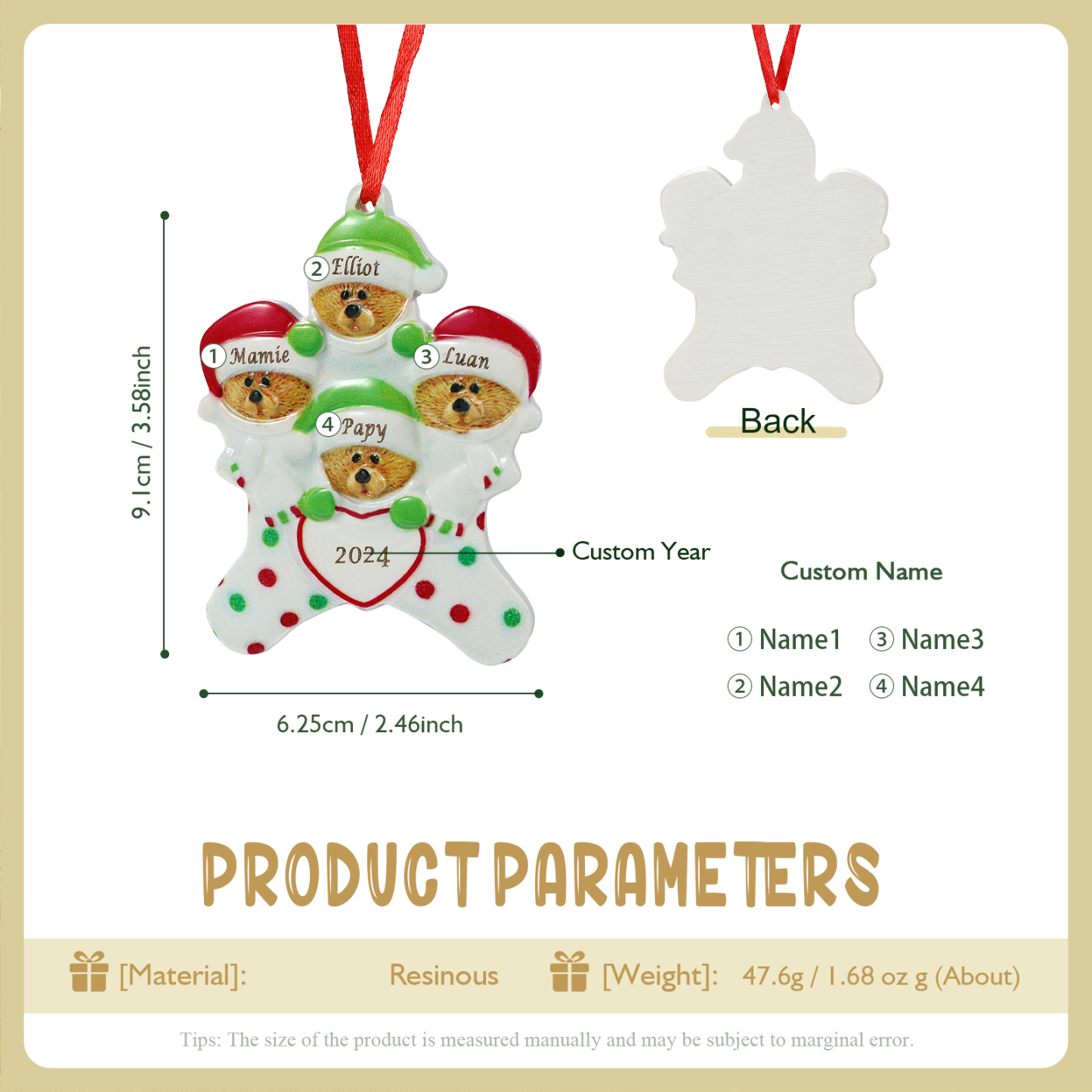 Décoration Sapin Noël en Résine 4 Prénoms Personnalisé avec Années Ornement Ours pour Famille | Jessemade