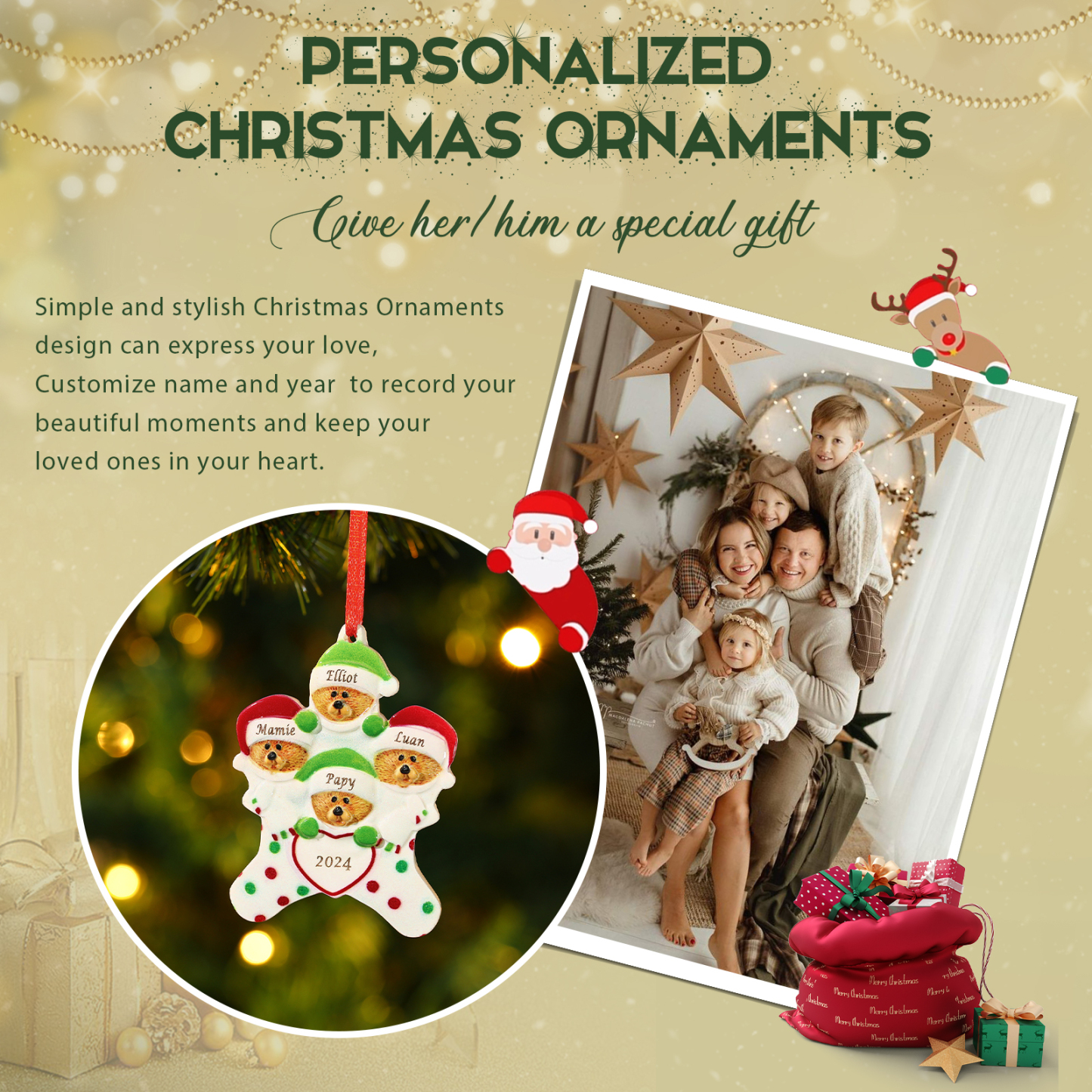 Décoration Sapin Noël en Résine 4 Prénoms Personnalisé avec Années Ornement Ours pour Famille | Jessemade