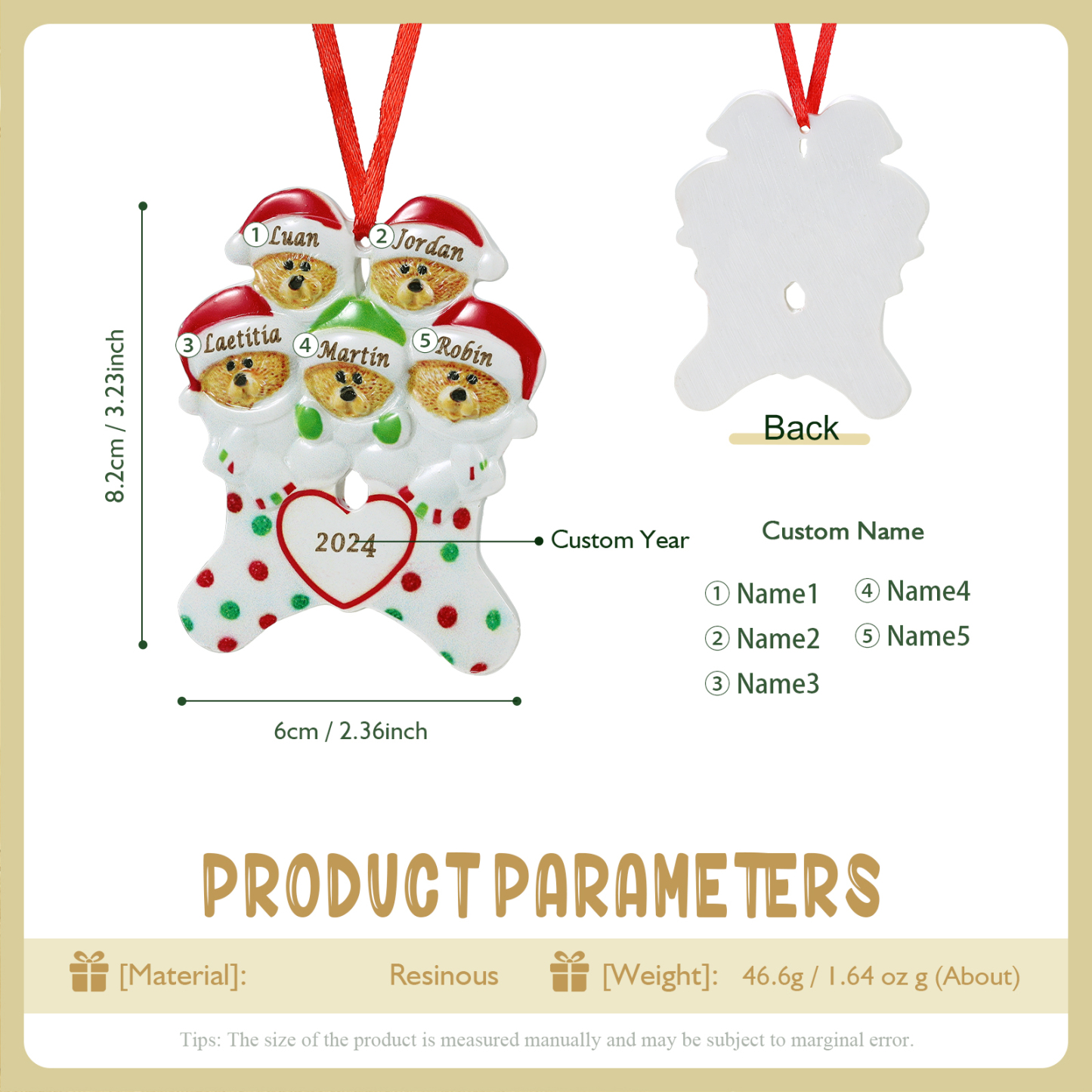Décoration Sapin Noël en Résine 5 Prénoms Personnalisé avec Années Ornement Ours pour Famille | Jessemade