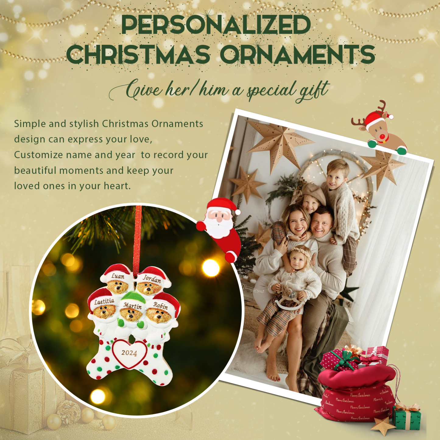 Décoration Sapin Noël en Résine 5 Prénoms Personnalisé avec Années Ornement Ours pour Famille | Jessemade