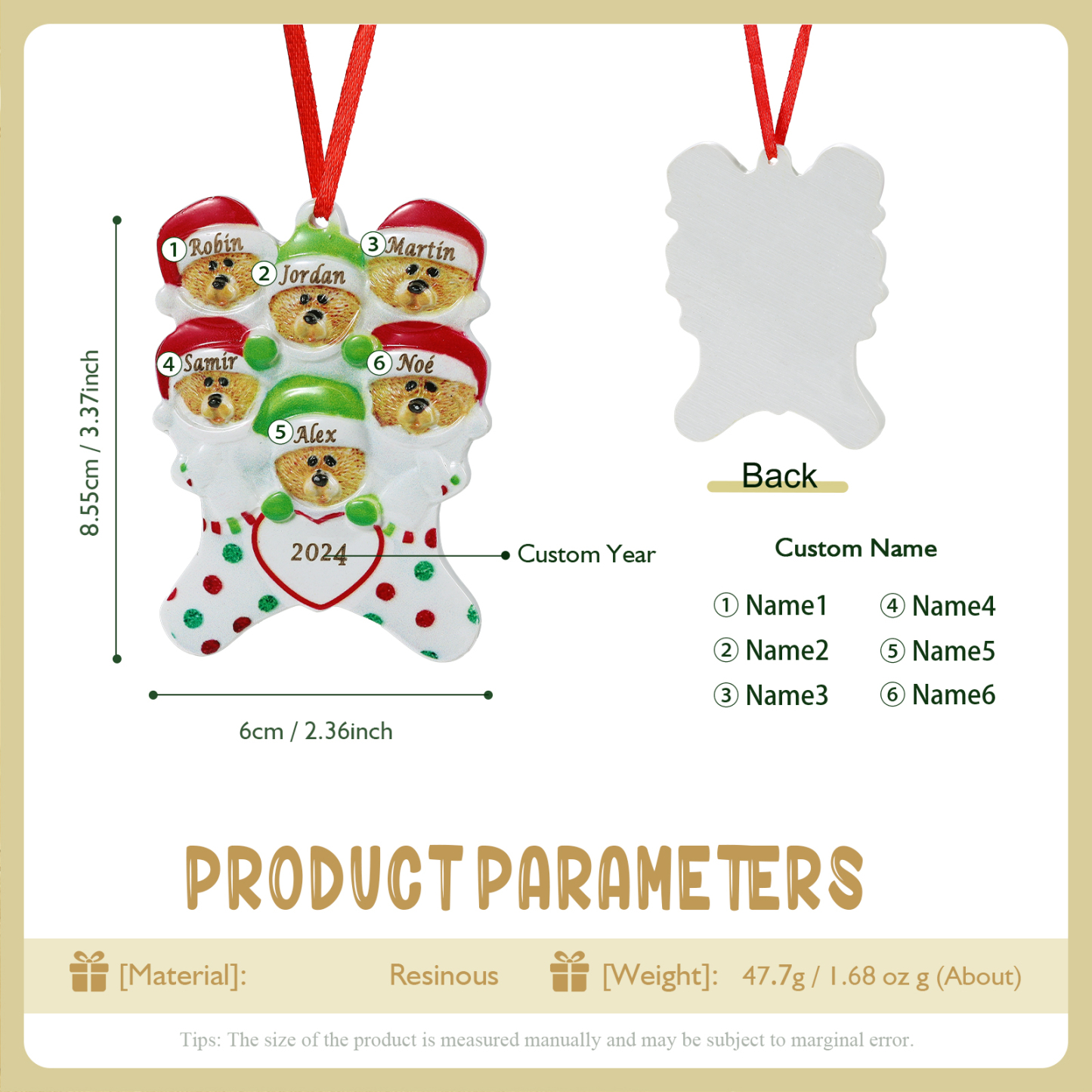 Décoration Sapin Noël en Résine 6 Prénoms Personnalisé avec Années Ornement Ours pour Famille | Jessemade