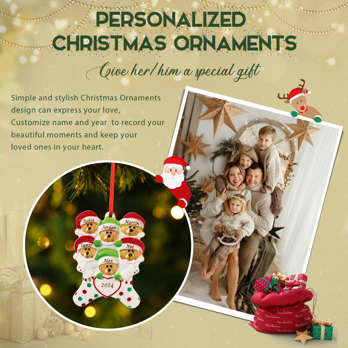 Décoration Sapin Noël en Résine 6 Prénoms Personnalisé avec Années Ornement Ours pour Famille | Jessemade