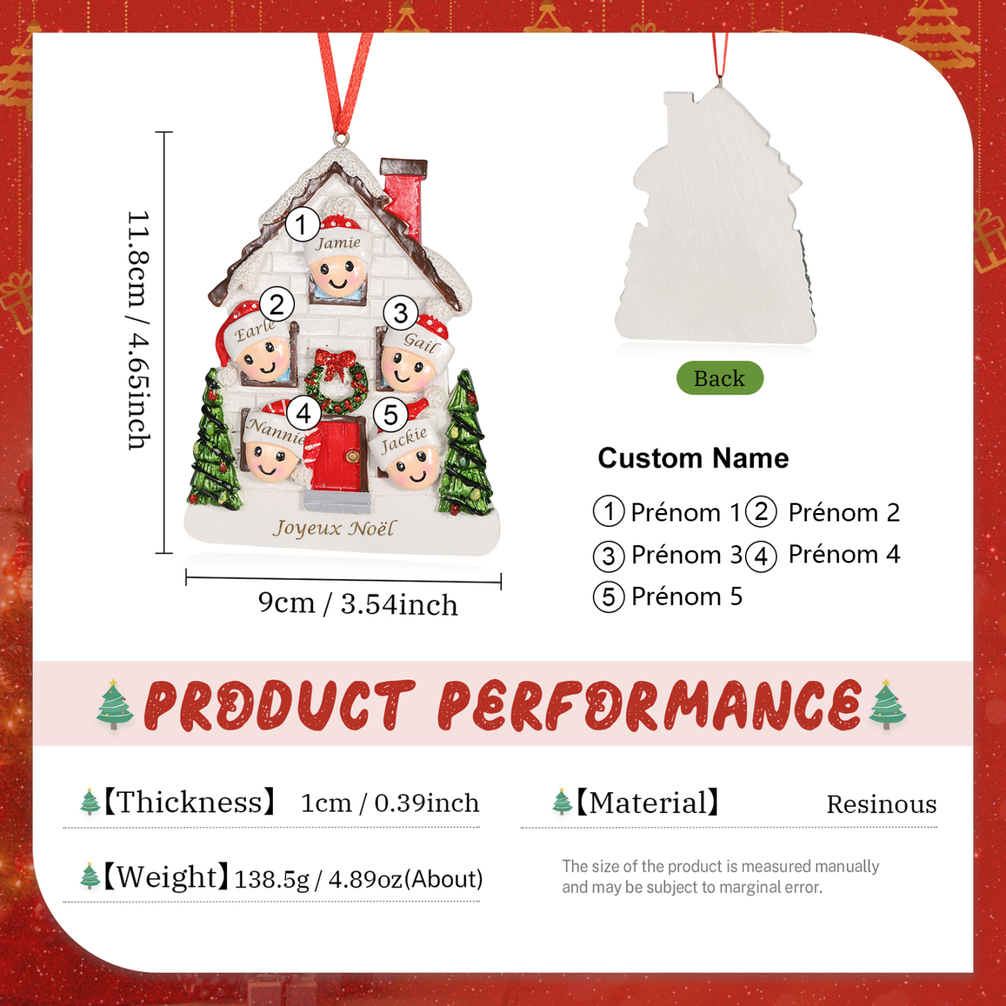 Décoration Sapin Noël en Résine maison et enfants 5 Prénoms Personnalisé avec Texte Ornement pour Famille | Jessemade