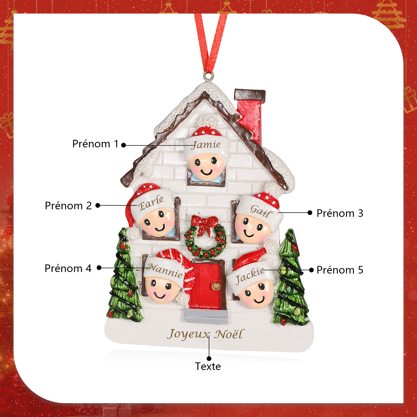 Décoration Sapin Noël en Résine maison et enfants 5 Prénoms Personnalisé avec Texte Ornement pour Famille | Jessemade