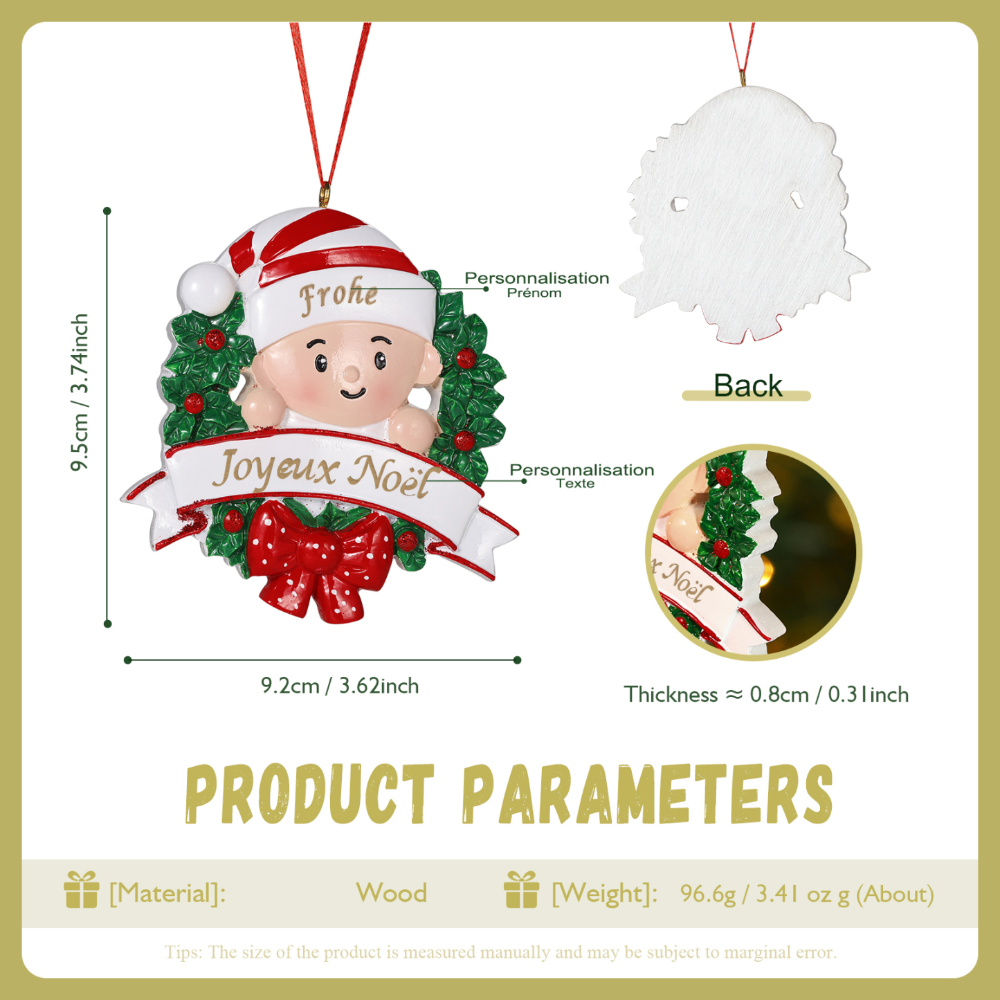 Décoration Sapin Noël en Résine Prénom et Texte Personnalisés Rouge/Rose Cadeau Noel pour Bébé