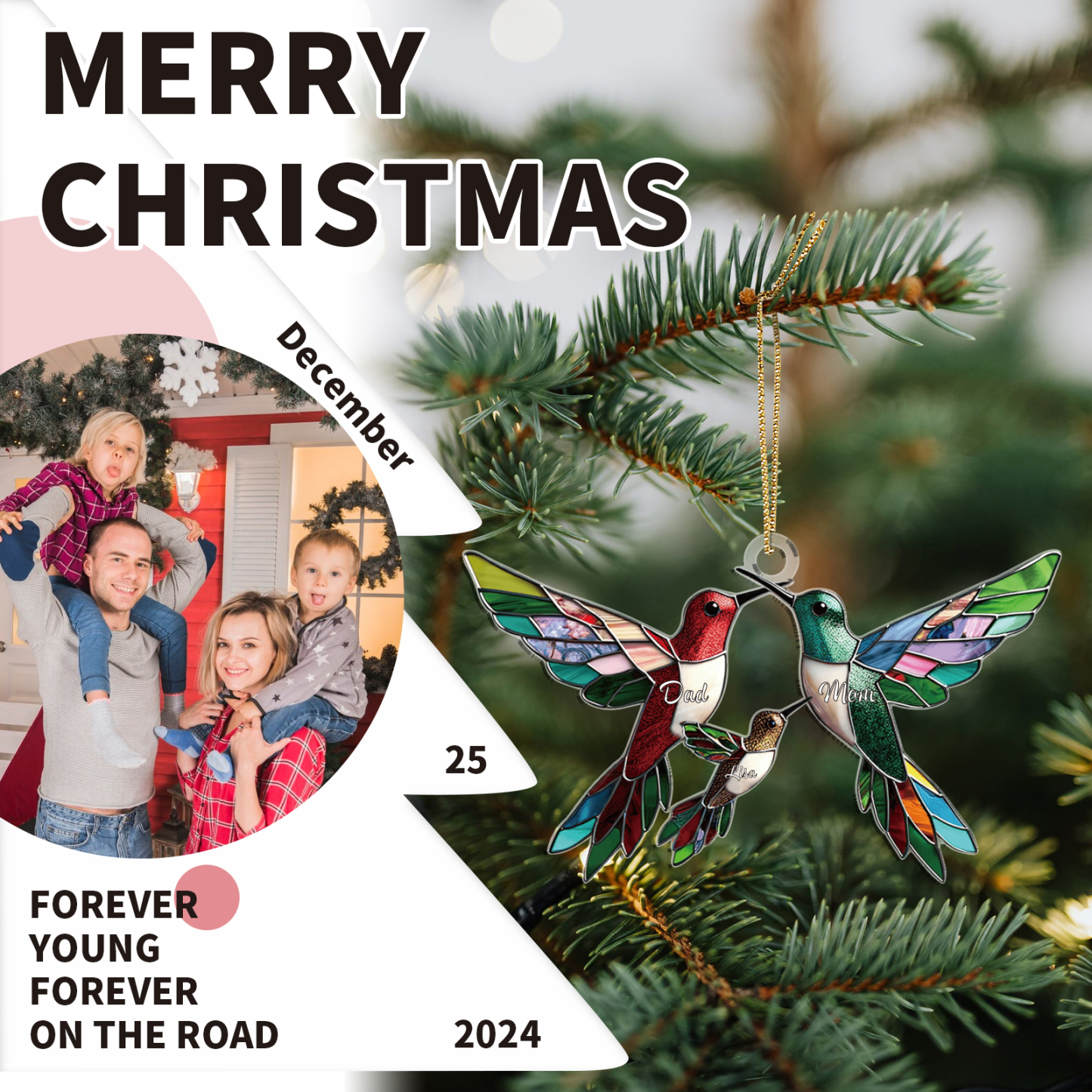 Décoration Sapin Noël en Acrylique Colibris 3 Prénoms Personnalisés Cadeau pour famille | Jessemade