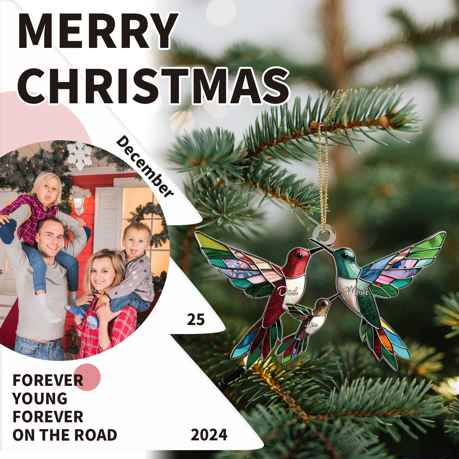 Décoration Sapin Noël en Acrylique Colibris 3 Prénoms Personnalisés Cadeau pour famille | Jessemade