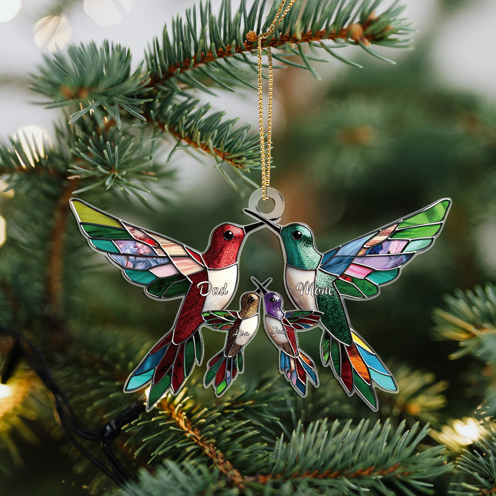 Décoration Sapin Noël en Acrylique Colibris 4 Prénoms Personnalisés Cadeau pour famille | Jessemade