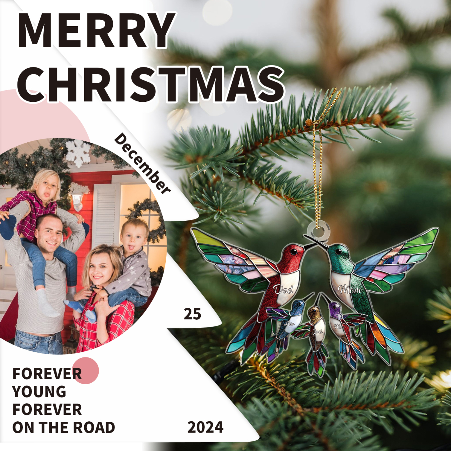 Décoration Sapin Noël en Acrylique Colibris 5 Prénoms Personnalisés Cadeau pour famille | Jessemade