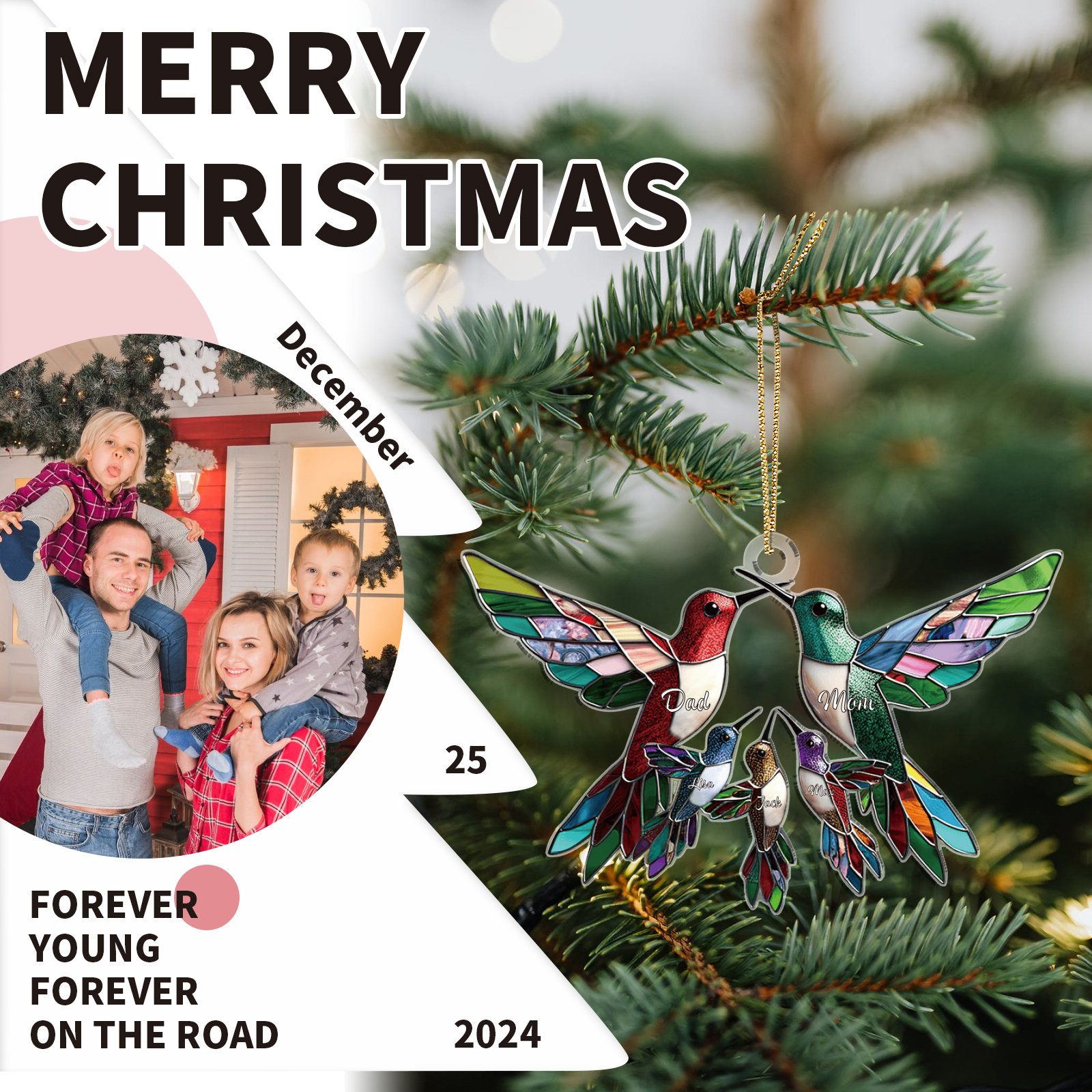 Décoration Sapin Noël en Acrylique Colibris 5 Prénoms Personnalisés Cadeau pour famille | Jessemade