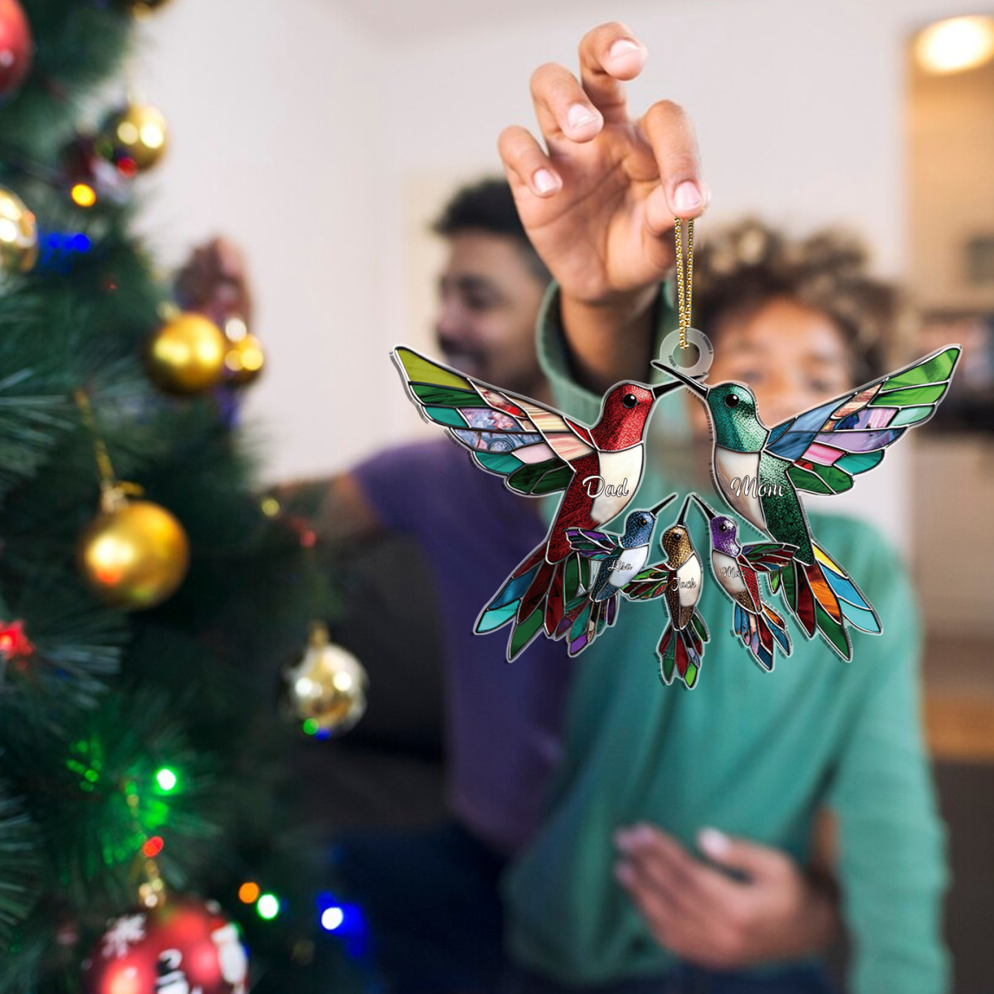 Décoration Sapin Noël en Acrylique Colibris 5 Prénoms Personnalisés Cadeau pour famille | Jessemade
