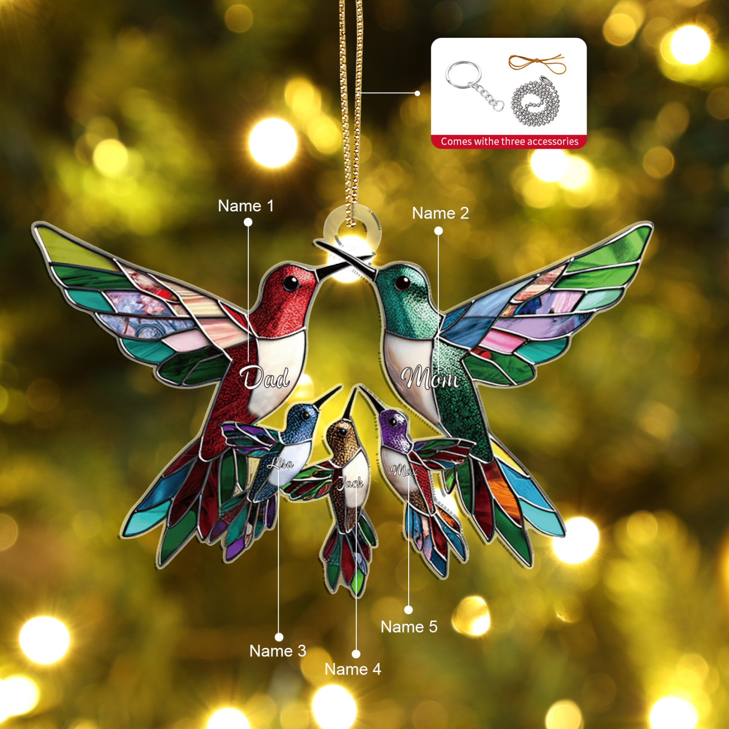 Décoration Sapin Noël en Acrylique Colibris 5 Prénoms Personnalisés Cadeau pour famille | Jessemade