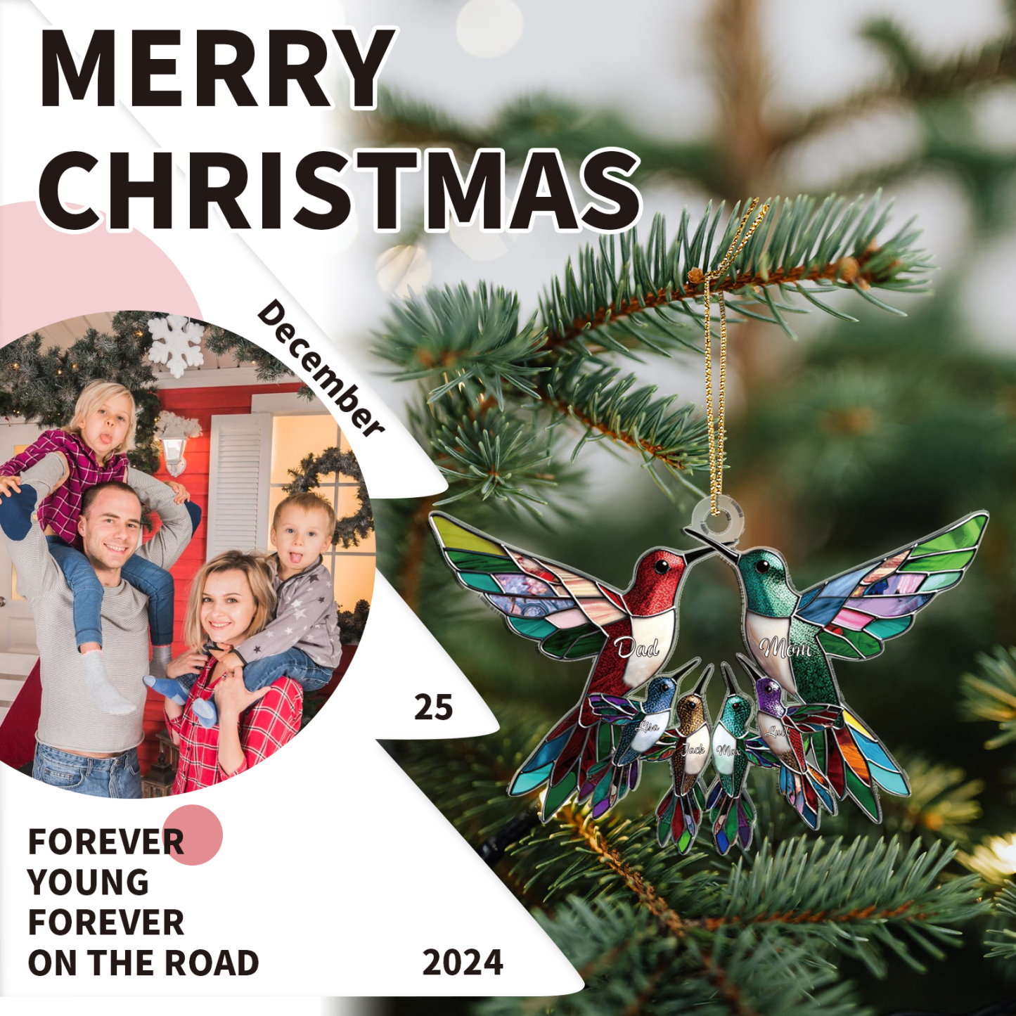 Décoration Sapin Noël en Acrylique Colibris 6 Prénoms Personnalisés Cadeau pour famille | Jessemade