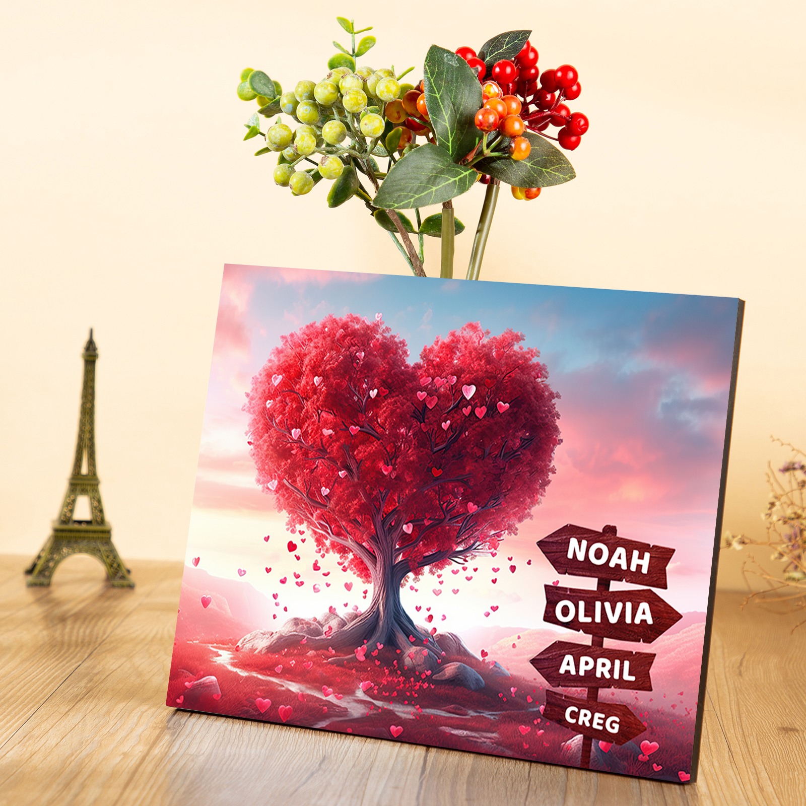 Décoration en bois Arbre en Coeur 4 Prénoms Cadre Personnalisé | Jessemade