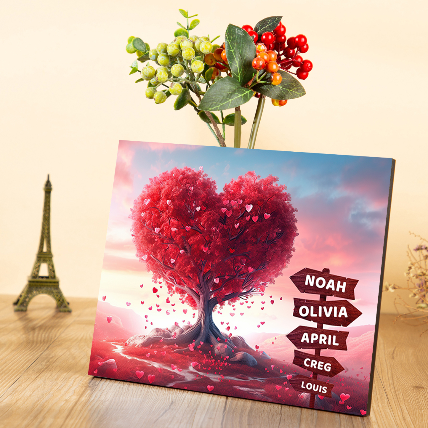 Décoration en bois Arbre en Coeur 5 Prénoms Cadre Personnalisé | Jessemade