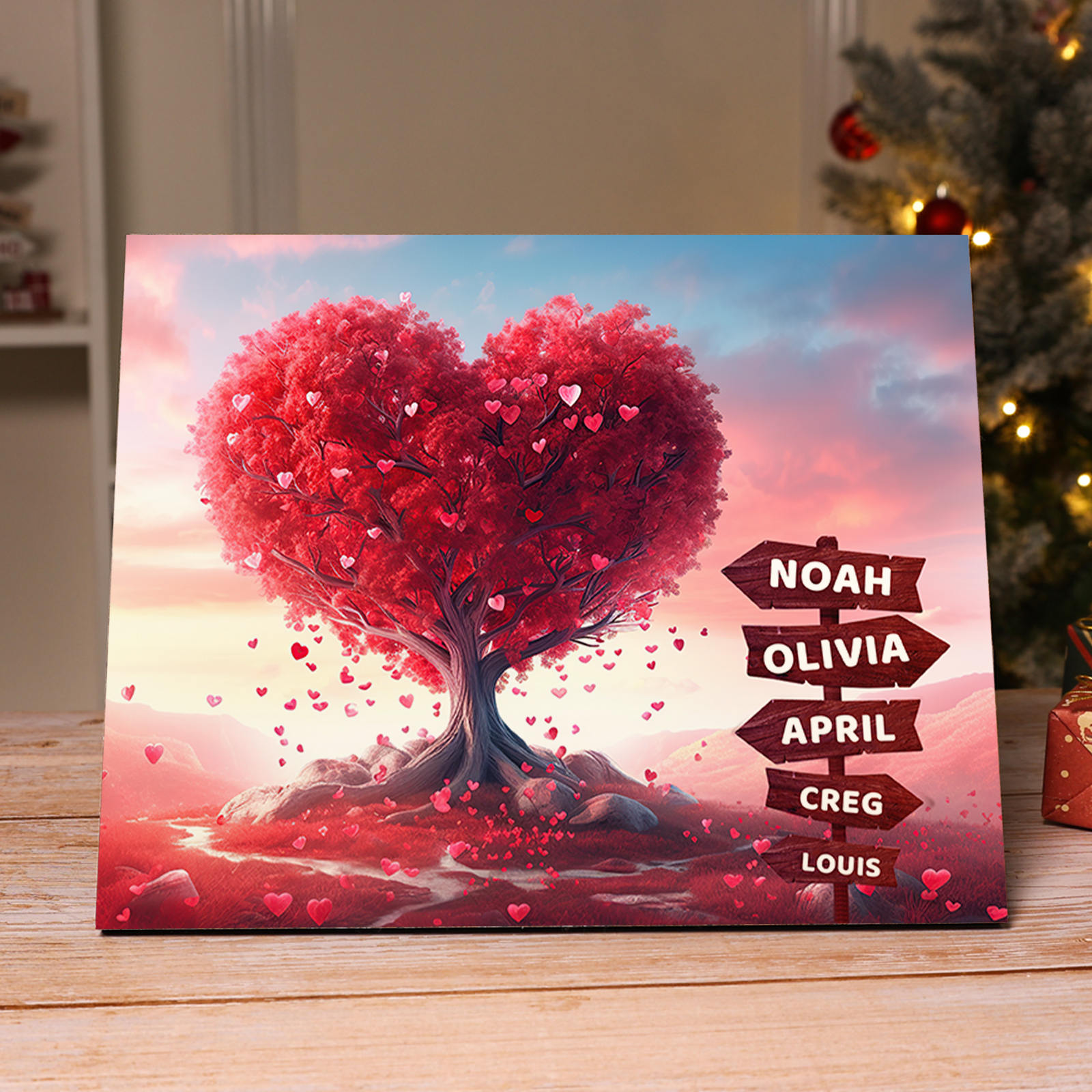 Décoration en bois Arbre en Coeur 5 Prénoms Cadre Personnalisé | Jessemade