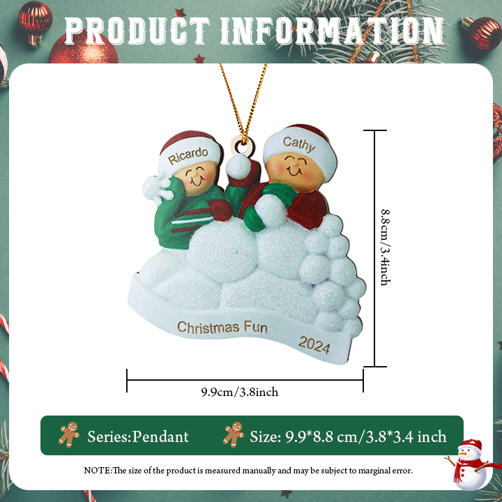 Décoration Sapin Noël en bois la famille joyeues entourés de neige 2 Prénoms Personnalisés avec texte Ornement de Noël Cadeau pour famille | Jessemade