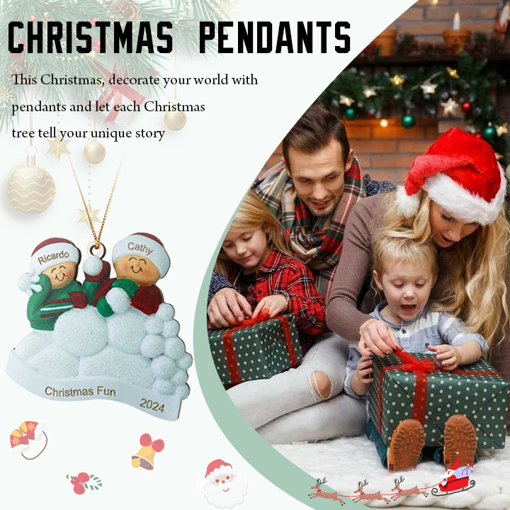 Décoration Sapin Noël en bois la famille joyeues entourés de neige 2 Prénoms Personnalisés avec texte Ornement de Noël Cadeau pour famille | Jessemade