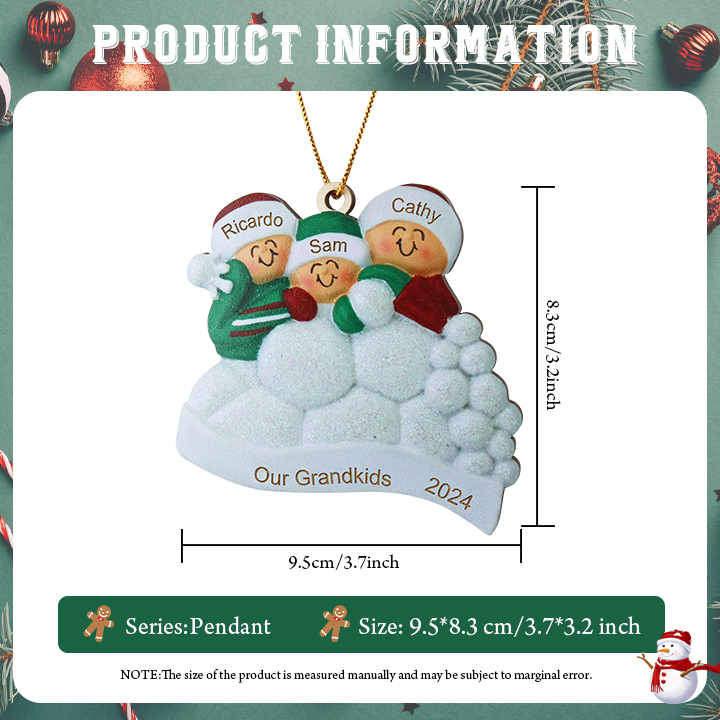 Décoration Sapin Noël en bois la famille joyeuse entourés de neige 3 Prénoms Personnalisés avec texte Ornement de Noël Cadeau pour famille | Jessemade