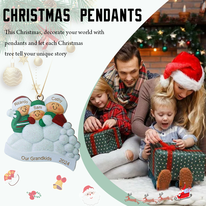 Décoration Sapin Noël en bois la famille joyeuse entourés de neige 3 Prénoms Personnalisés avec texte Ornement de Noël Cadeau pour famille | Jessemade