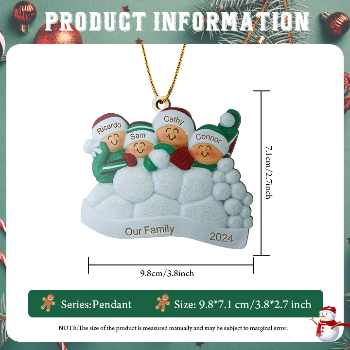 Décoration Sapin Noël en bois la famille joyeuse entourés de neige 4 Prénoms Personnalisés avec texte Ornement de Noël Cadeau pour famille | Jessemade