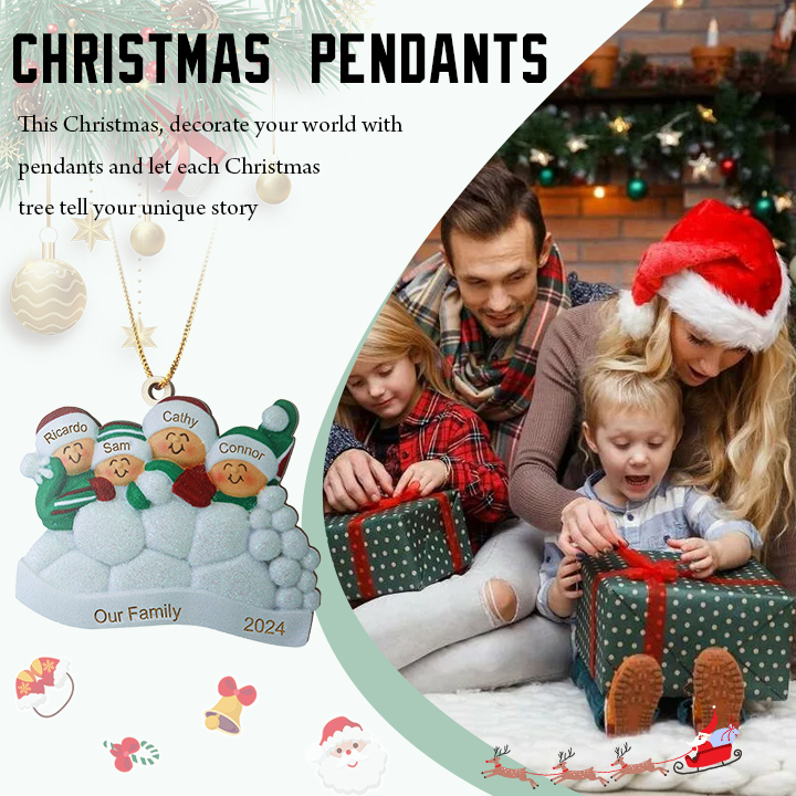 Décoration Sapin Noël en bois la famille joyeuse entourés de neige 4 Prénoms Personnalisés avec texte Ornement de Noël Cadeau pour famille | Jessemade