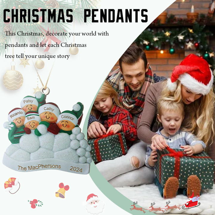 Décoration Sapin Noël en bois  la famille joyeuse entourés de neige 5 Prénoms Personnalisés avec texte Ornement de Noël Cadeau pour famille | Jessemade