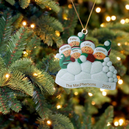 Décoration Sapin Noël en bois la famille joyeuse entourés de neige 5 P