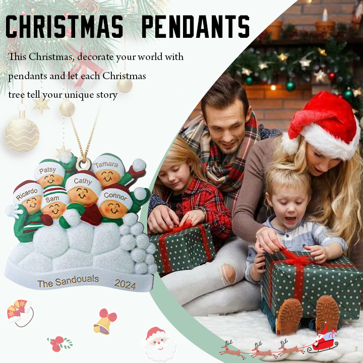 Décoration Sapin Noël en bois la famille joyeuse entourés de neige 6 Prénoms Personnalisés avec texte Ornement de Noël Cadeau pour famille | Jessemade