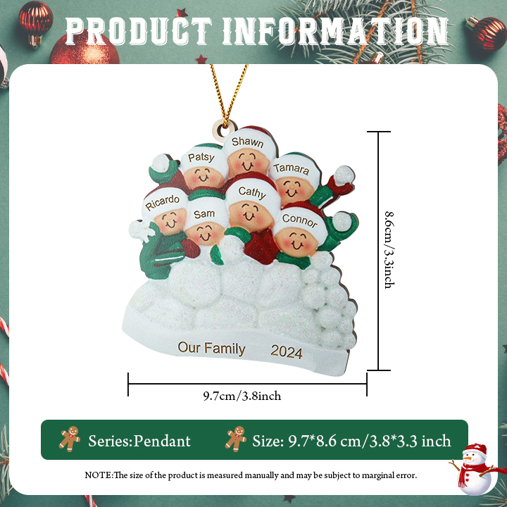 Décoration Sapin Noël en bois la famille joyeuse entourés de neige 7 Prénoms Personnalisés avec texte Ornement de Noël Cadeau pour famille | Jessemade