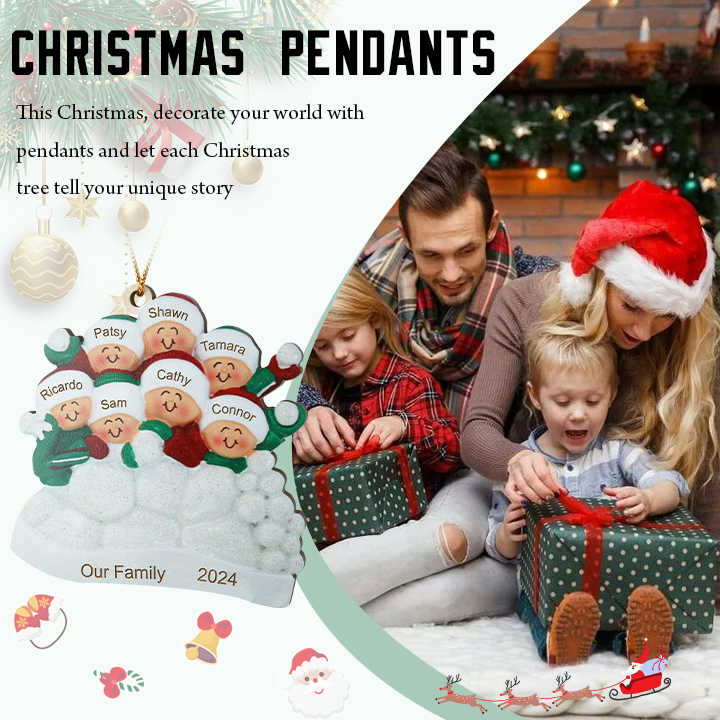 Décoration Sapin Noël en bois la famille joyeuse entourés de neige 7 Prénoms Personnalisés avec texte Ornement de Noël Cadeau pour famille | Jessemade