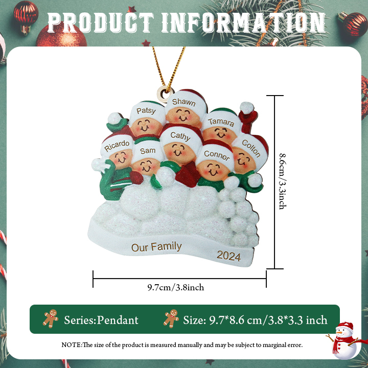 Décoration Sapin Noël en bois  la famille joyeuse entourés de neige 8 Prénoms Personnalisés avec texte Ornement de Noël Cadeau pour famille | Jessemade