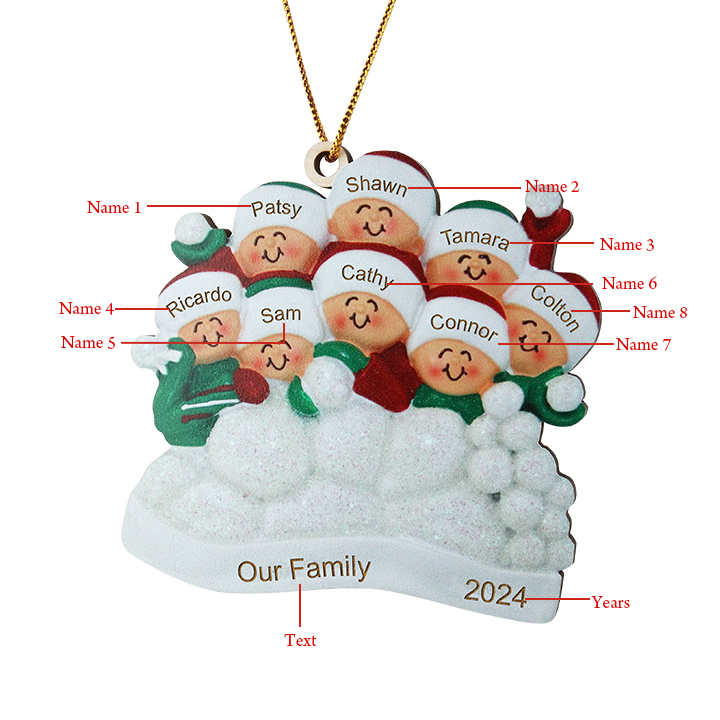 Décoration Sapin Noël en bois  la famille joyeuse entourés de neige 8 Prénoms Personnalisés avec texte Ornement de Noël Cadeau pour famille | Jessemade