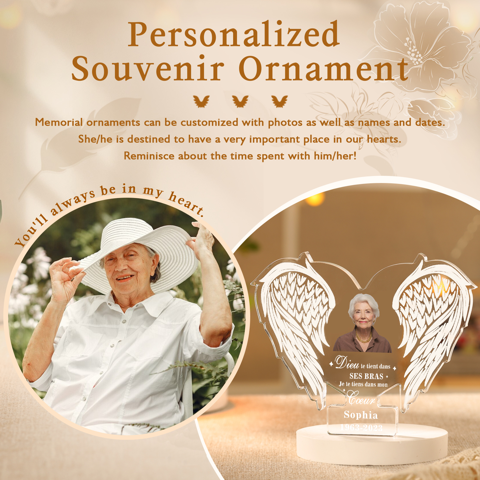 Lampe de chevet en forme de Aile LED Lumières 1 Prénom personnalisé avec photo et date Cadeau Commémoratif pour mamie ou papi | Jessemade