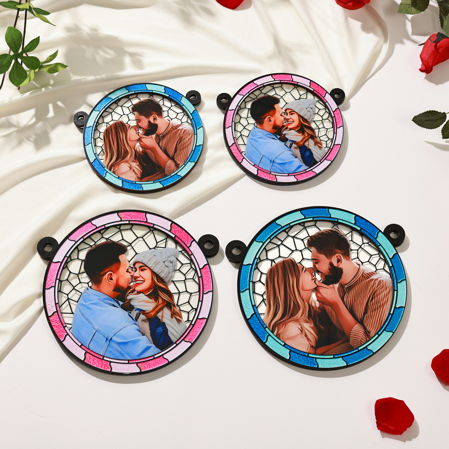 Ornements en Acrylique et Bois Photo Personnalisé Suspension Murale en Bleu/Rose Cadeau Saint Valentin pour Couple | Jessemade