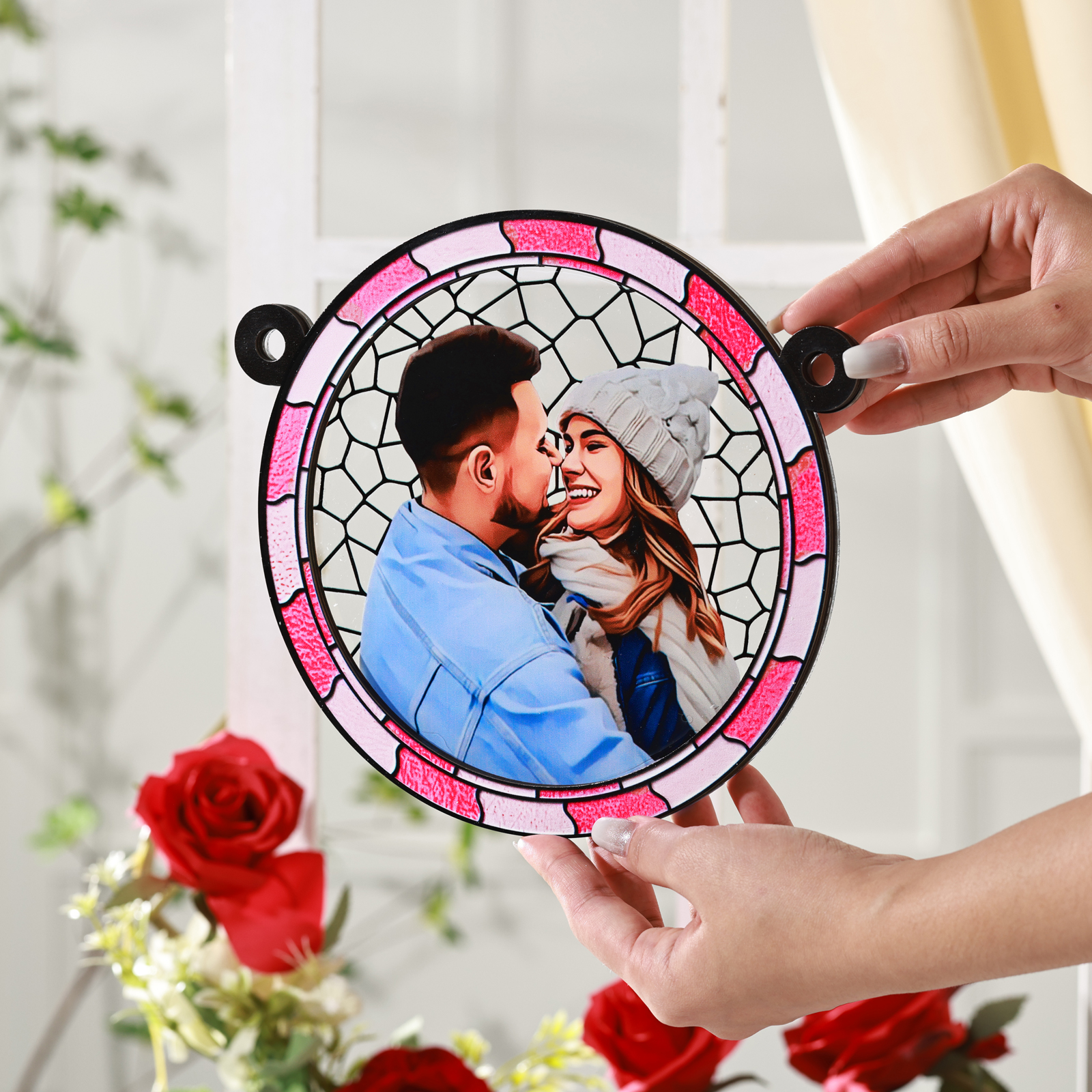 Ornements en Acrylique et Bois Photo Personnalisé Suspension Murale en Bleu/Rose Cadeau Saint Valentin pour Couple | Jessemade