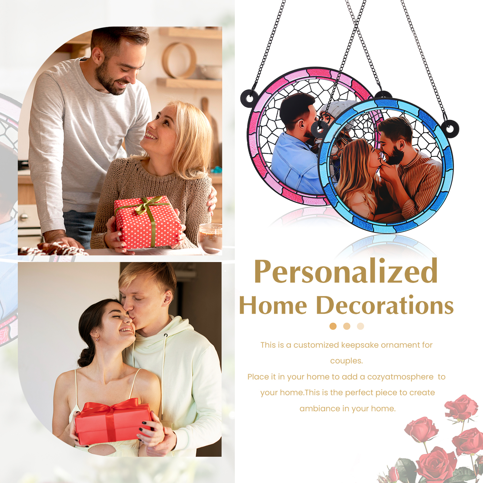 Ornements en Acrylique et Bois Photo Personnalisé Suspension Murale en Bleu/Rose Cadeau Saint Valentin pour Couple | Jessemade