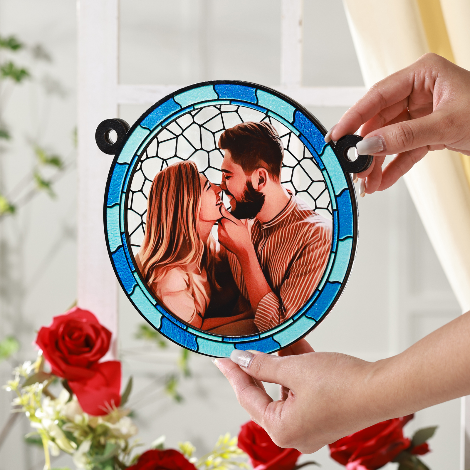 Ornements en Acrylique et Bois Photo Personnalisé Suspension Murale en Bleu/Rose Cadeau Saint Valentin pour Couple | Jessemade