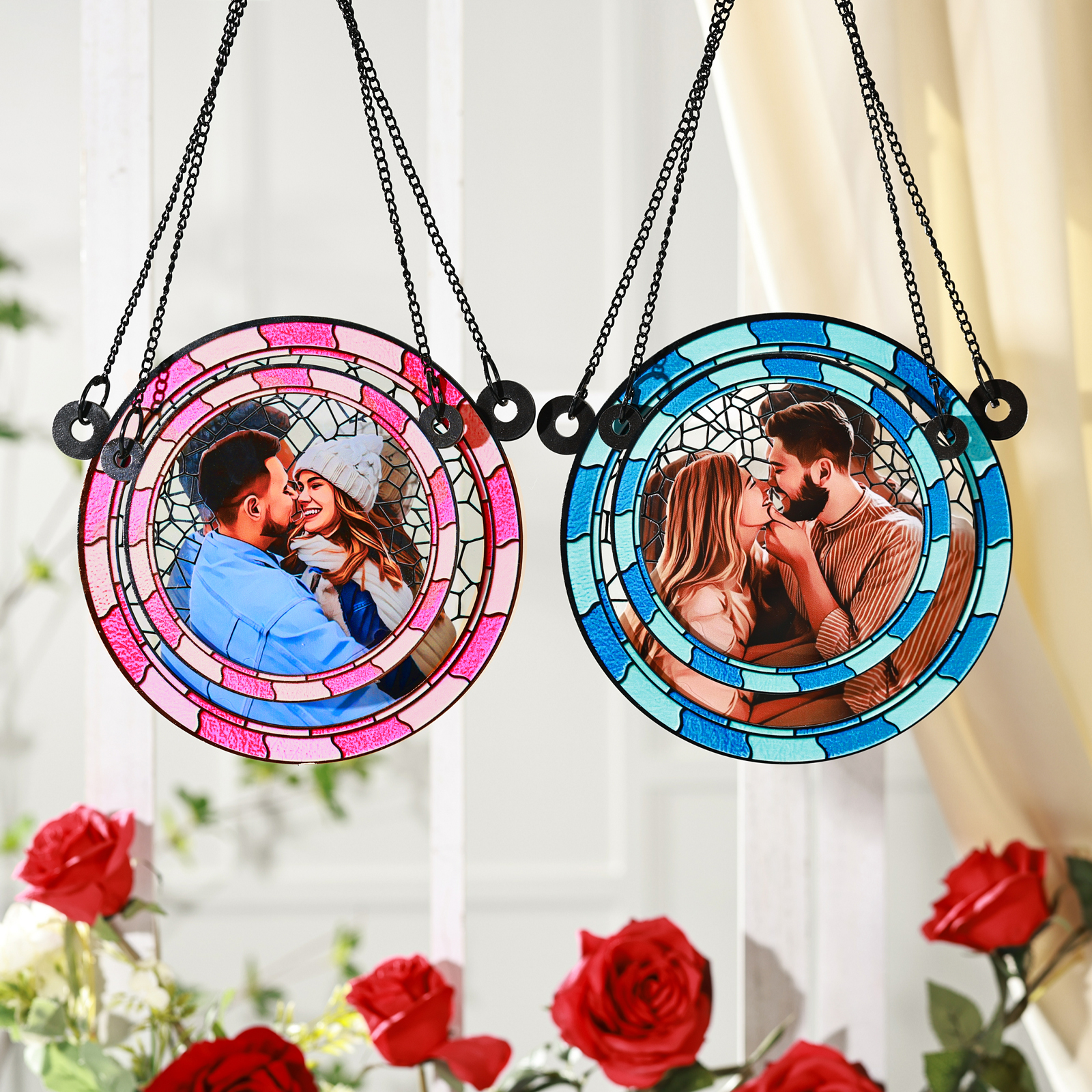Ornements en Acrylique et Bois Photo Personnalisé Suspension Murale en Bleu/Rose Cadeau Saint Valentin pour Couple | Jessemade