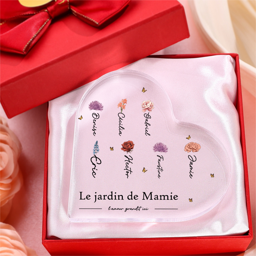 À ma Maman/Mamie - Plaque Acrylique en forme de Cœur 1-10 Prénoms et 1 Texte Personnalisés avec Fleur de naissance