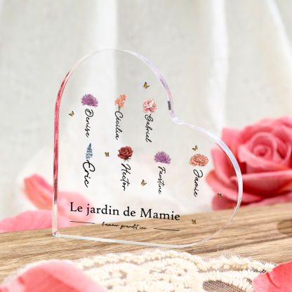 À ma Maman/Mamie - Plaque Acrylique en forme de Cœur 1-10 Prénoms et 1 Texte Personnalisés avec Fleur de naissance