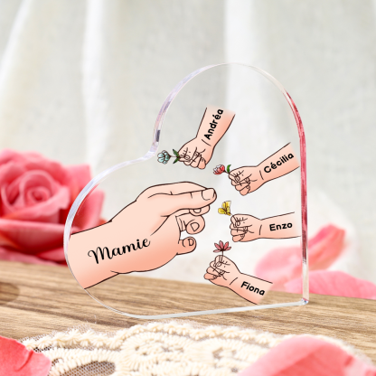 À ma Maman/Mamie - Plaque Acrylique en forme de Cœur Mains et Enfants 1-8 Prénoms Personnalisés